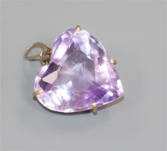 A heart shaped amethyst pendant, with wirework mount, 20mm.